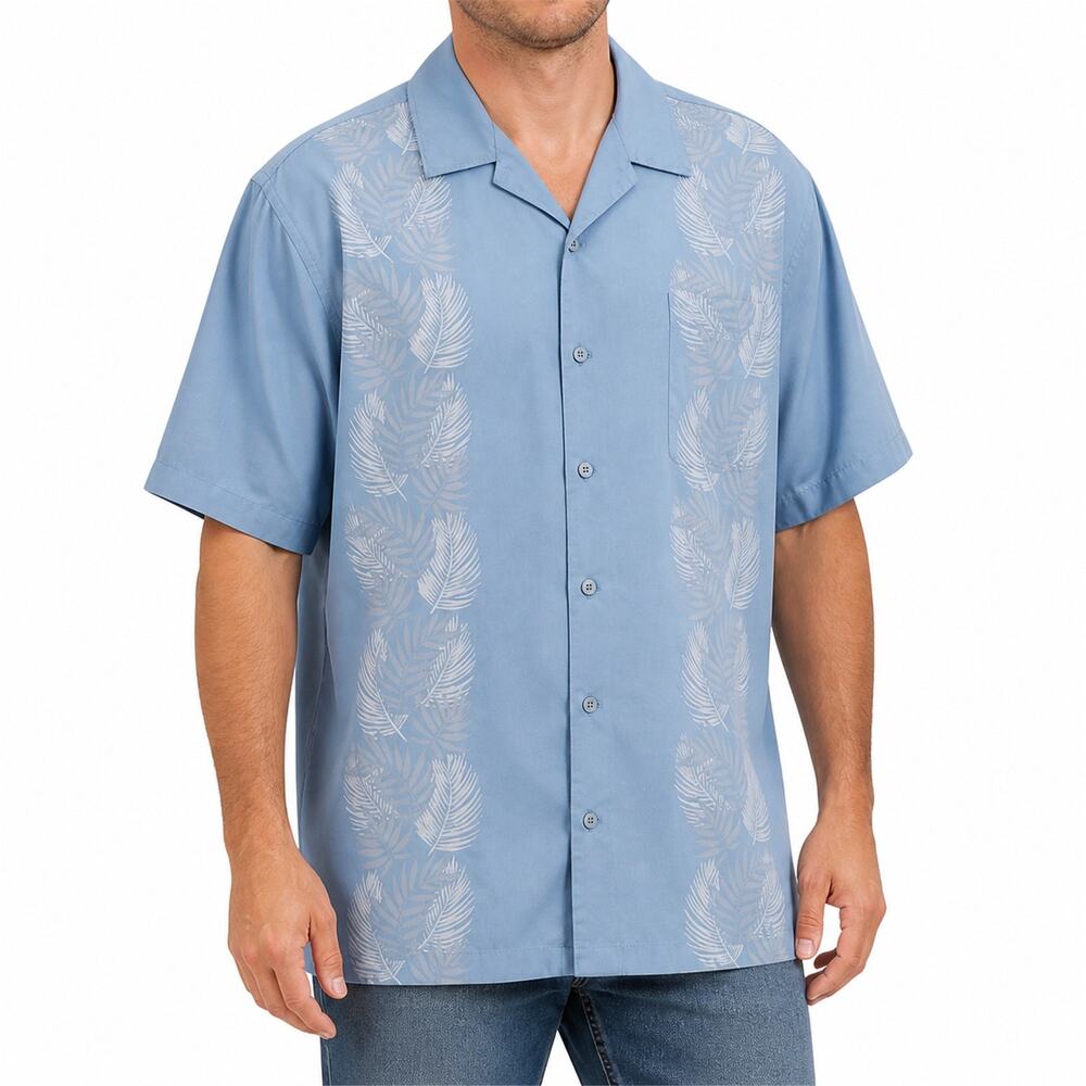 KingSize Shirt Mens 2XL Tall Blue Camp Button Up Palm Leaf Print Short Sleeve